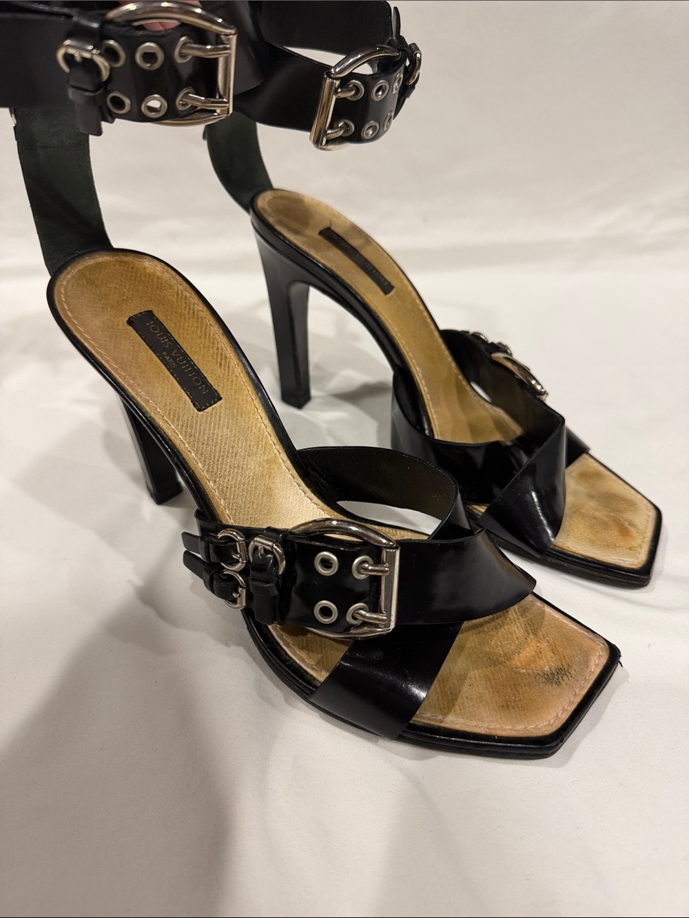 Louis Vuitton Black Leather Buckle Stiletto Sandals